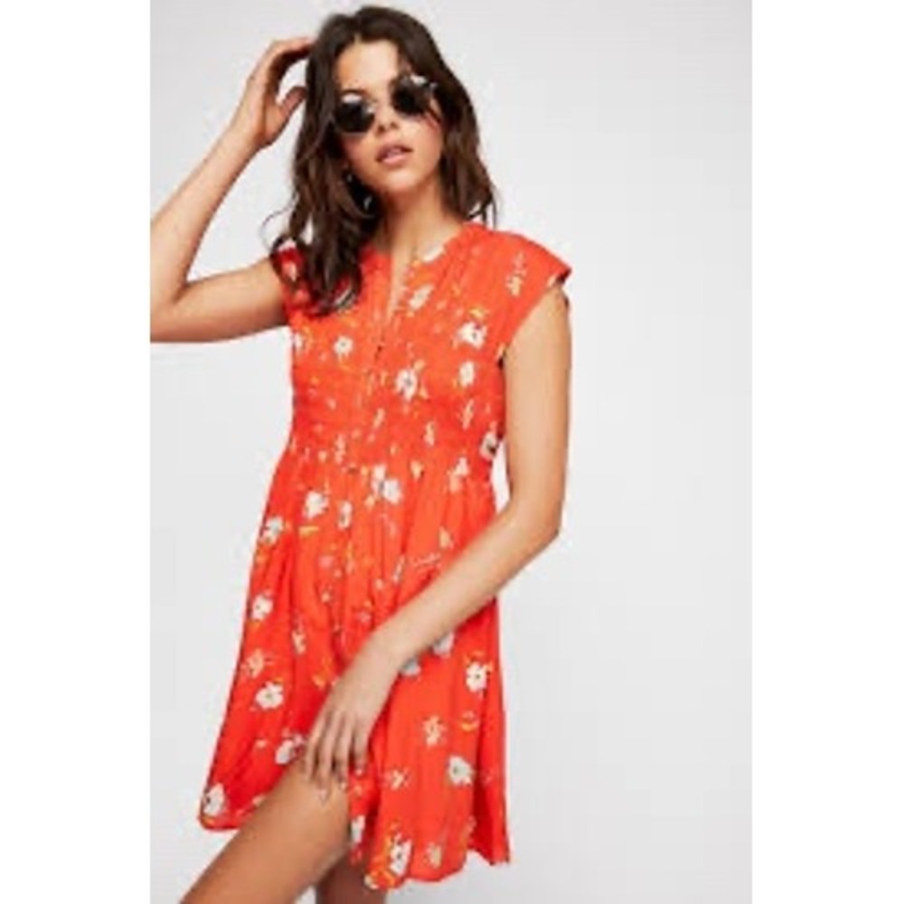 Free People Orange Floral Smocked Mini Dress Cap Sleeve Button Front Size M